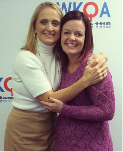 Guest Katy Blevins-Calabrese huggin host Dr. Christine Bacon at the WKQA studio.Picture