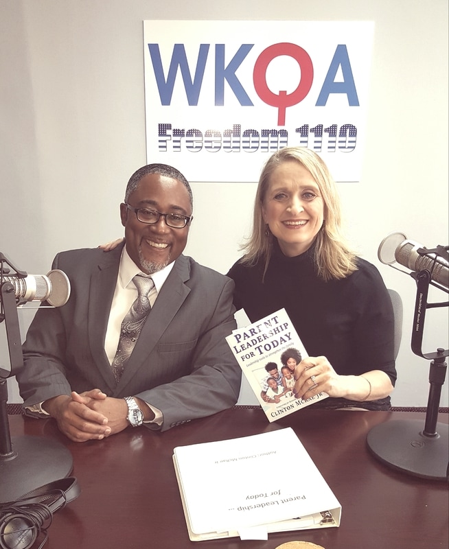 Host Doctor Christine M. Bacon and guest author Clinton McRae Junior in the WKQA studio in Norfolk, Virginia.