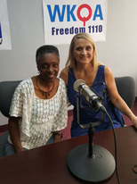 Dr. Christine Bacon and guest, author Tracey L. Moore, on the Breakfast with Bacon show, WKQA studio, Norfolk, Va.