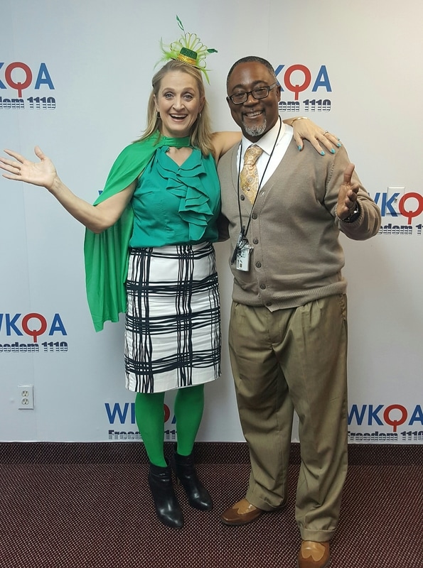 Grand-parenting expert  Clinton McRae with host Dr. Christine Bacon in festive St. Patrick's Day attire to prove she really is the 